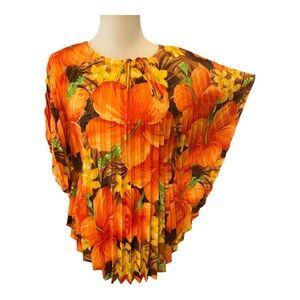 Vtg 70s Pomare Hawaii Psychedelic Neon Hibiscus Pleated Accordion Top Blouse
